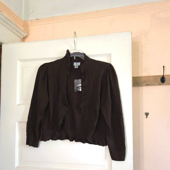 NWOT Worthington Brown Cropped Sweater Open Front with Ruffle Detail Size M - Picture 1 of 4